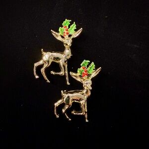 Vintage Gerry’s Reindeer Brooch Pair | Gold Tone Holiday Pins | Enamel Holly